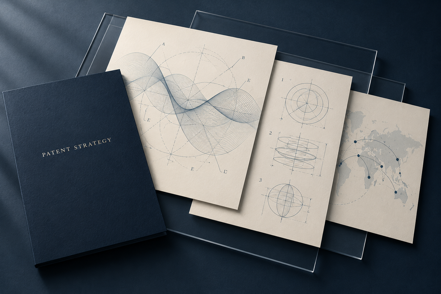 Conceptual patent strategy portfolio with abstract technical drawings and country planning
